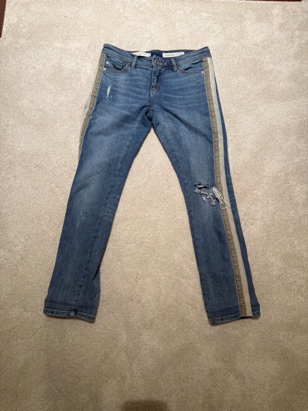 Pilcro and the Letterpress Blue Boyfriend Jeans with Tan & Cream Side Stripes